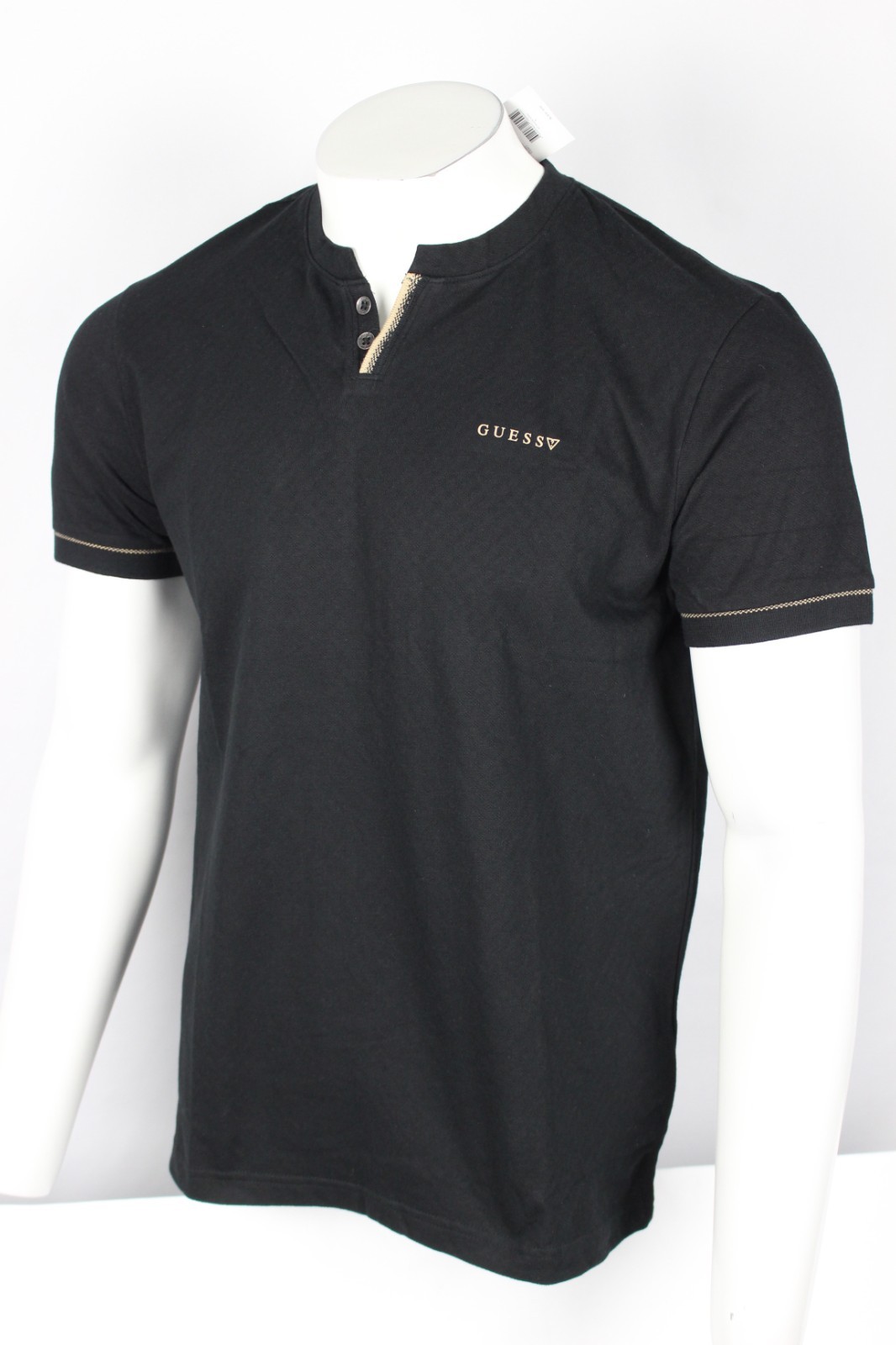 Guess Men’s Ricardo Short Sleeve Slit Henley T Shirt Jet Black Textured