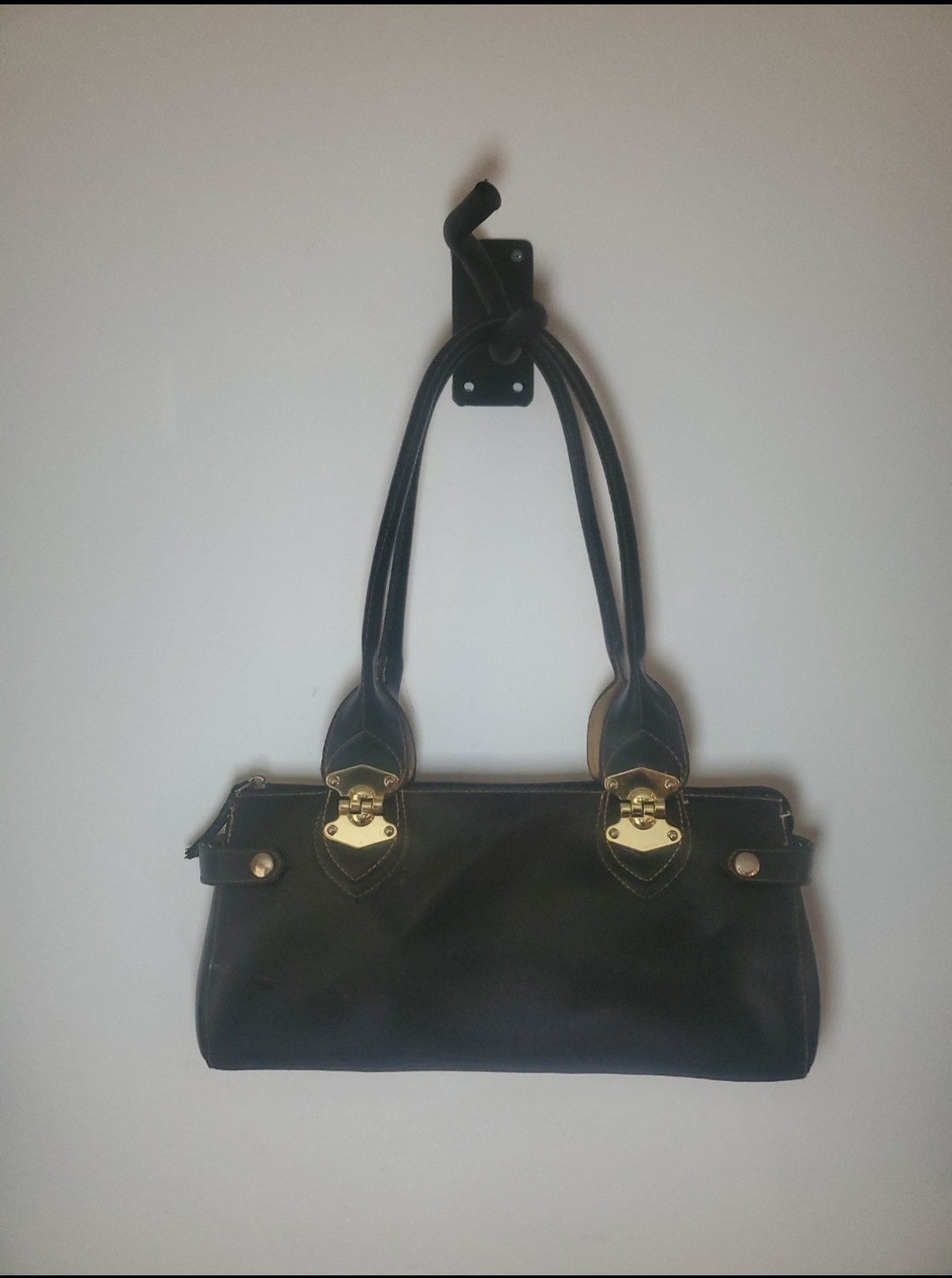 Black Faux Leather Steampunk Gold Hinge Barrel Bag Handbag Shoulderbag Purse