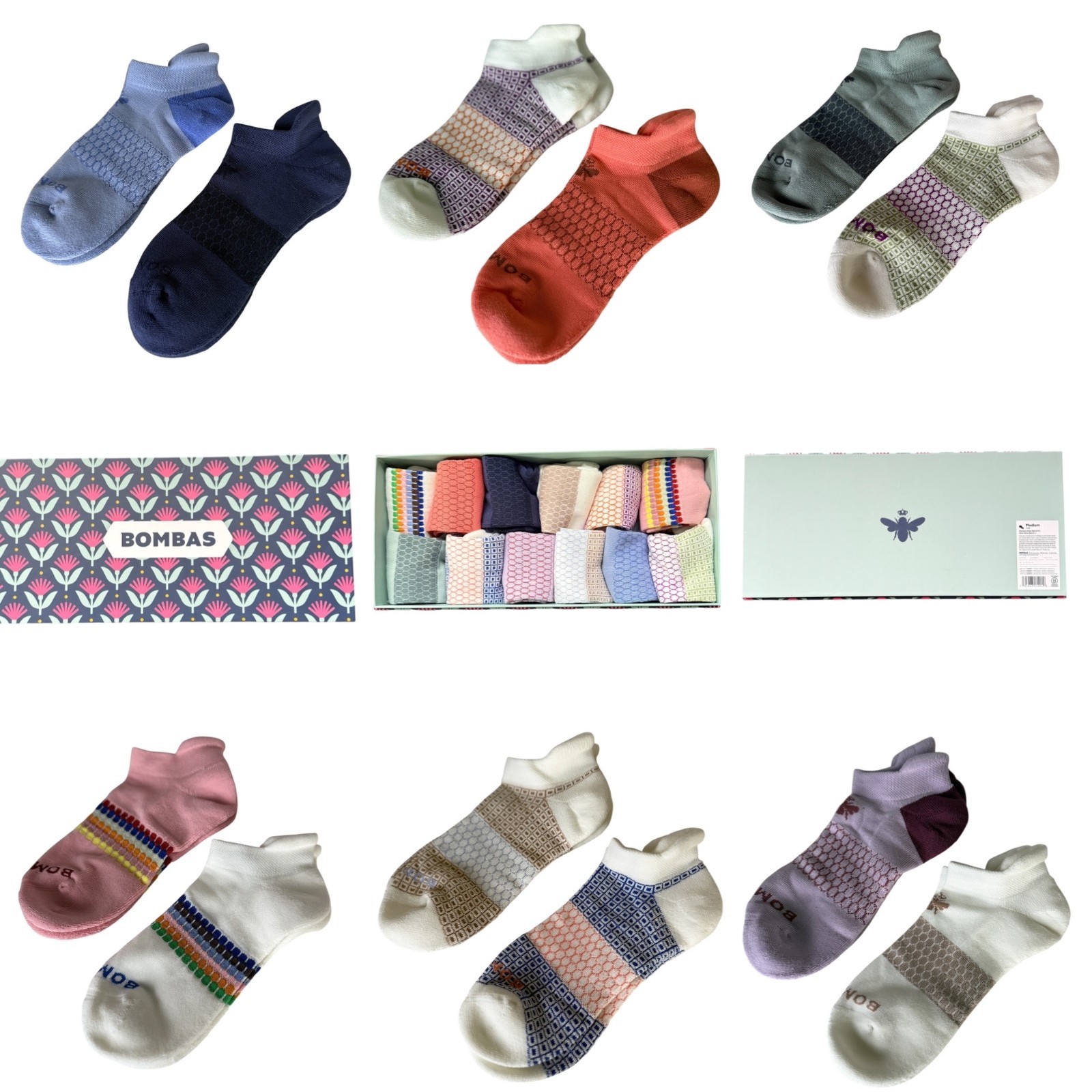 12-Pack Bombas Gift Box Tri-Color Ankle Socks (12-Pairs) – Women Size Medium