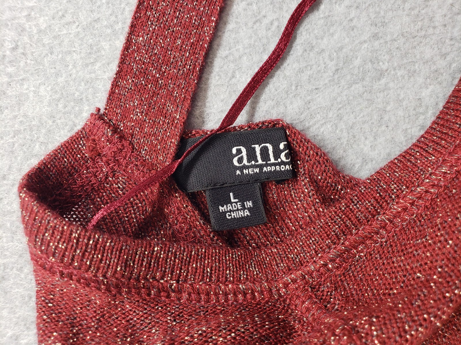 A N A Women Sweater L Red Metallic Knit Long Sleeve Pullover Cutout Back Warmer