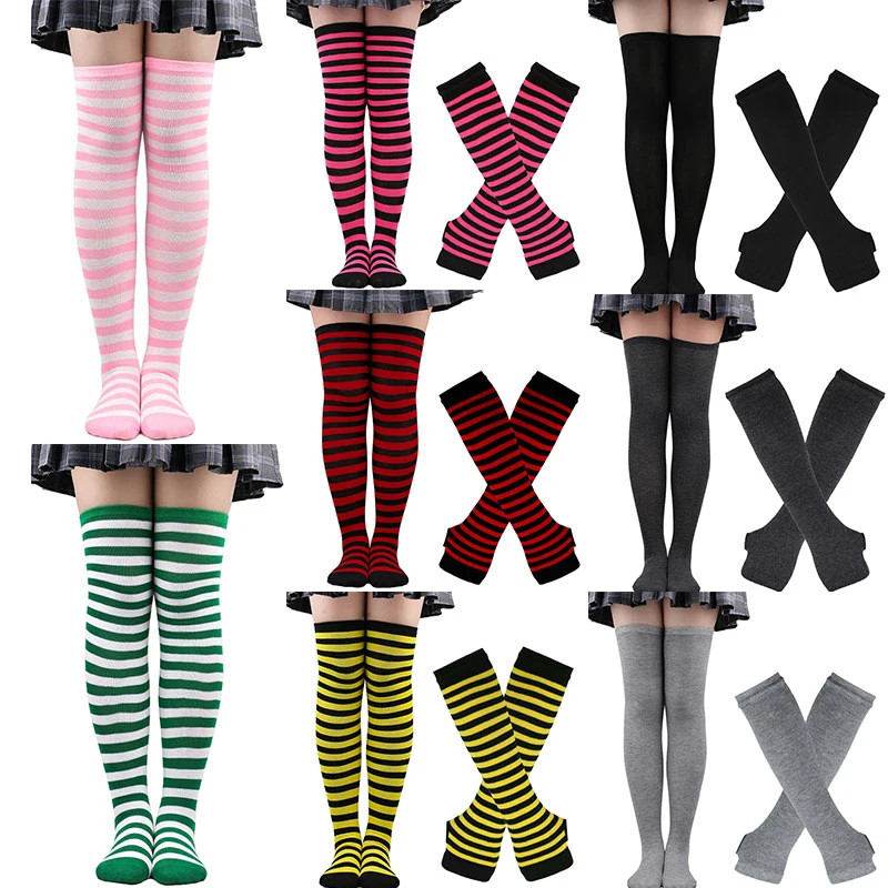 1 Set Women Girls Over Knee Long Stripe Printed Thigh High Cotton Socks Arm