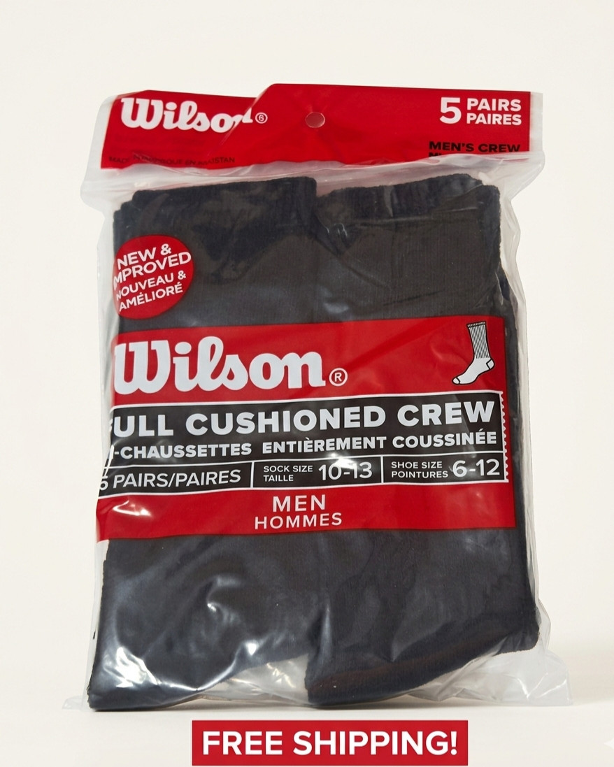 Wilson Men FULL CUSHIONED Crew Socks 5 PAIRS IN COLORS BLACK OR WHITE SIZE 6-12
