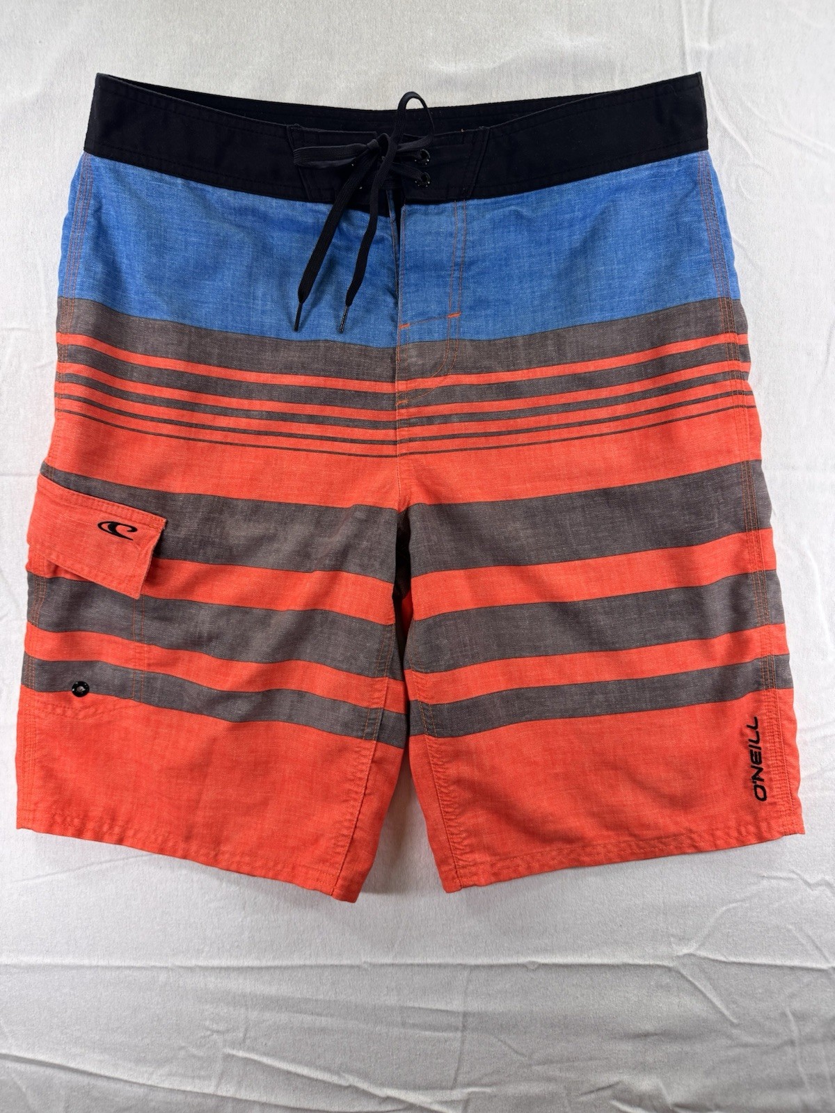 O’Neill Board Shorts Mens 31 Orange Striped 10″ Swim Trunks Quick Dry Surf A151