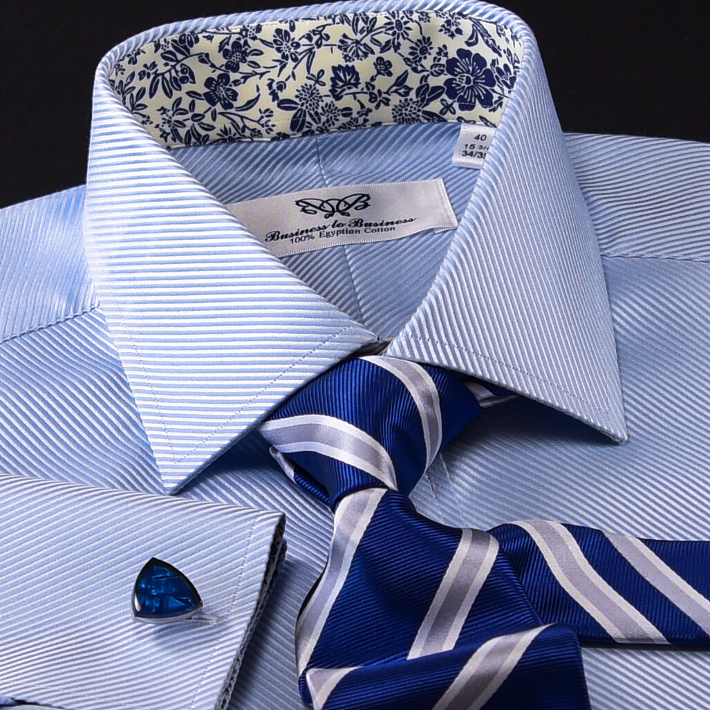 Blue Classic Elegant Twill Floral Inner Lining Double Cuffs Business Formal