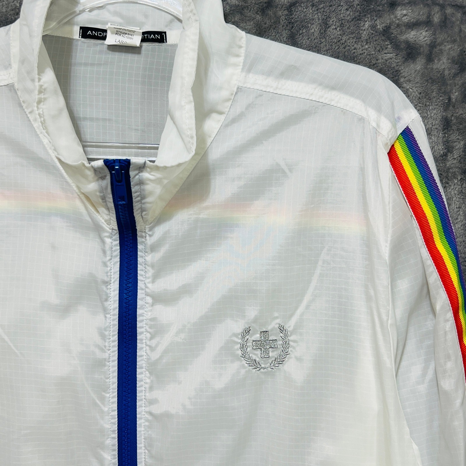 Andrew Christian Rainbow Windbreaker Jacket Large White Full Zip Pride Festival