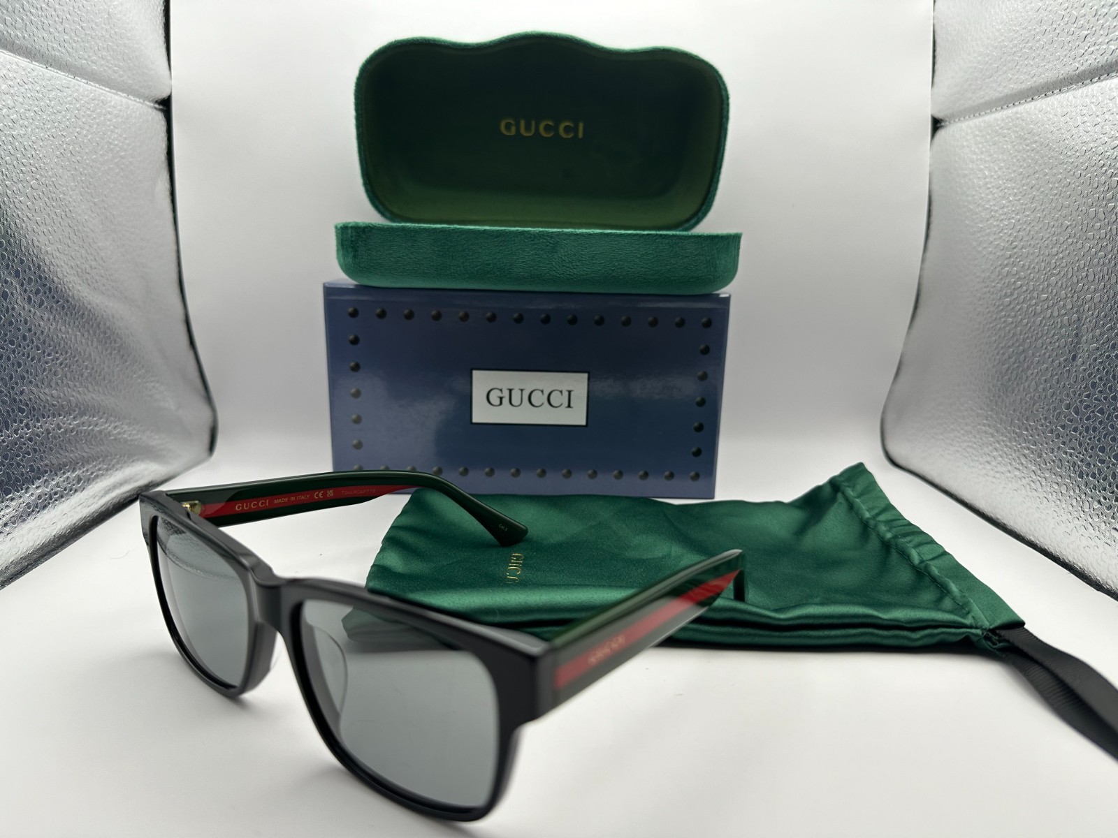 Gucci Rectangular Sunglasses GG0340S 006 Black/Green/Red 58mm 340
