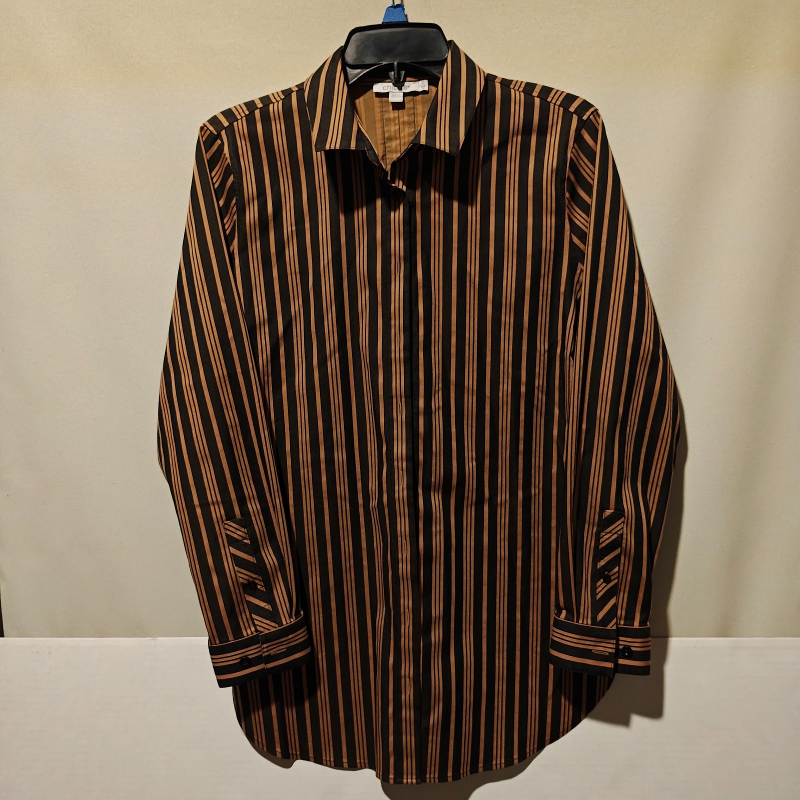 Chicos Striped Button Down Shirt Tunic Womens Size 1 US S Brown Black Long Sleev