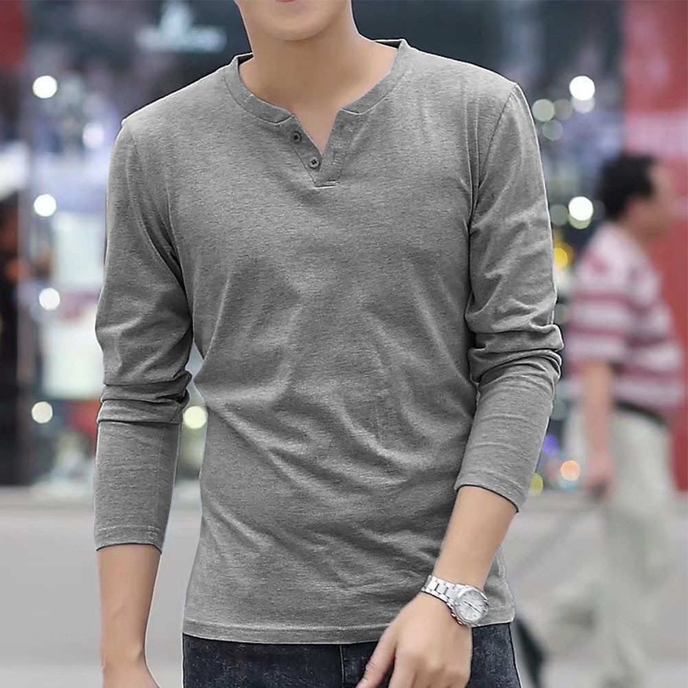 Stylish Men’s Button V Neck Henley T Shirt Slim Bottoming Tops Long Sleeve