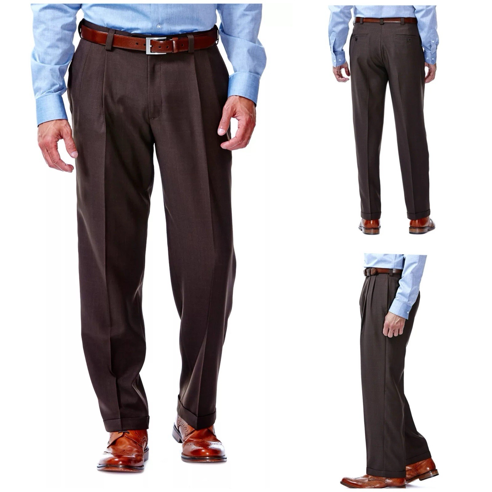 Haggar ECLO Stria Brown Pleated Front Dress Pants Classic Fit Expandable 40×30
