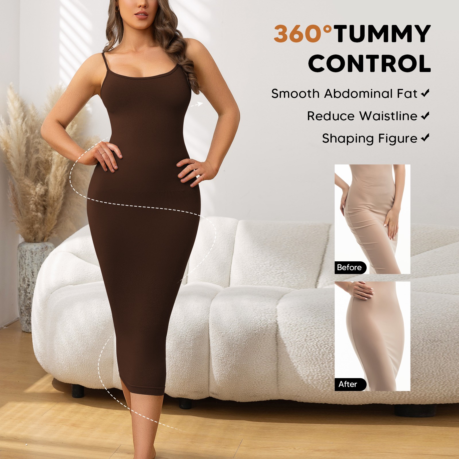 Women’s Tummy Control Midi Dress – Slimming Bodycon Sleeveless Shapewear Evening