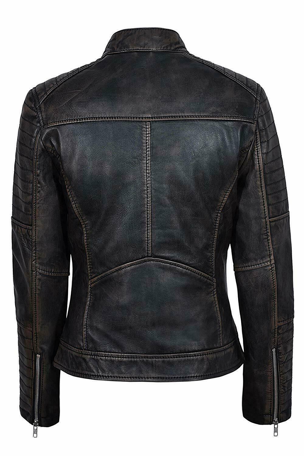Women Cafe Racer Moto Biker Distressed Black Leather Jacket Size S M L XL XXL