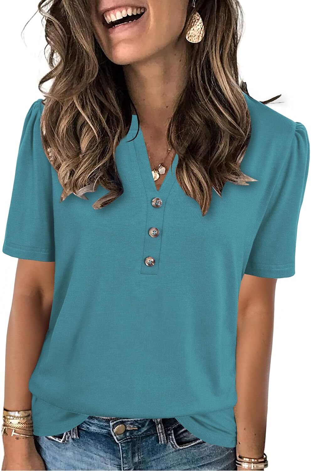 Short Sleeve Womens Casual Shirt Loose Fit V Neck Summer Top Soft Breathable