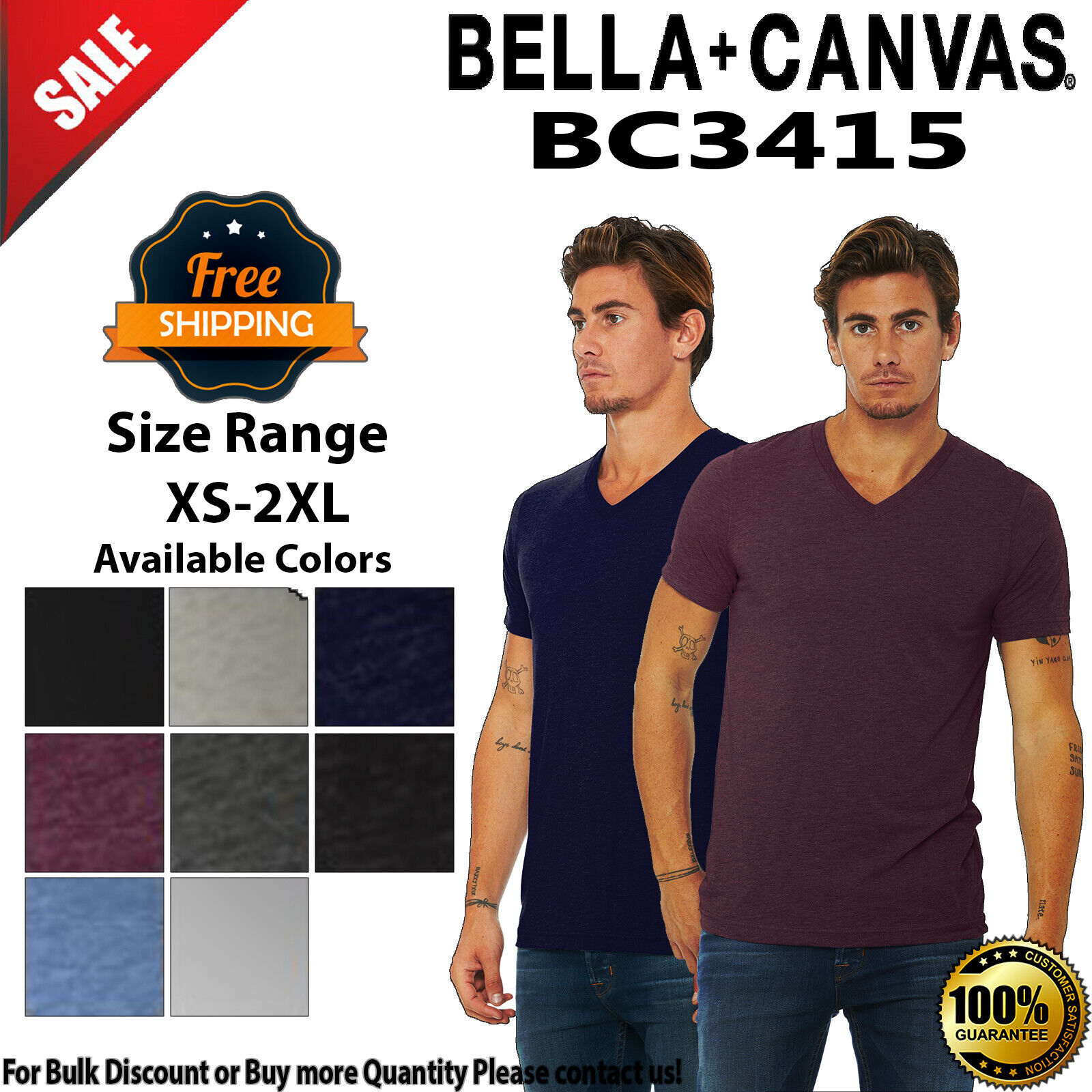 Bella + Canvas 3415C Unisex Triblend V Neck T Shirt