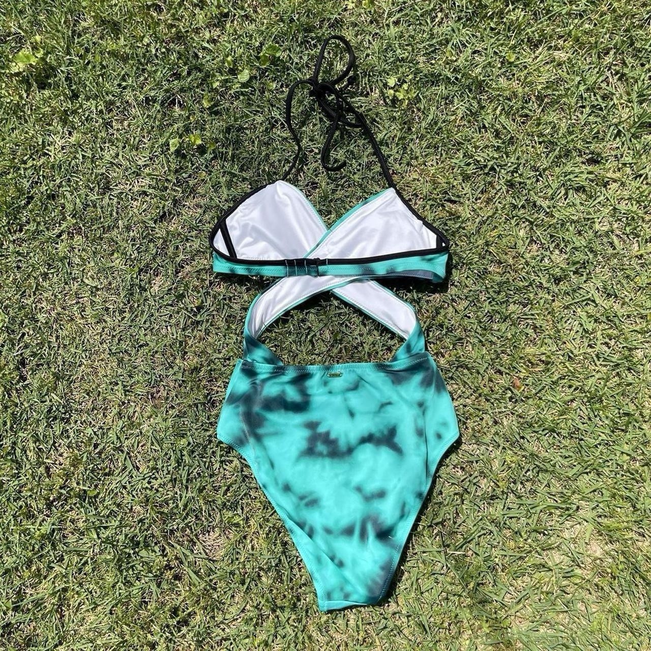 PINK Women’s M One-Piece Swimsuit Halter Tie Dye Turquoise Black White B Cup