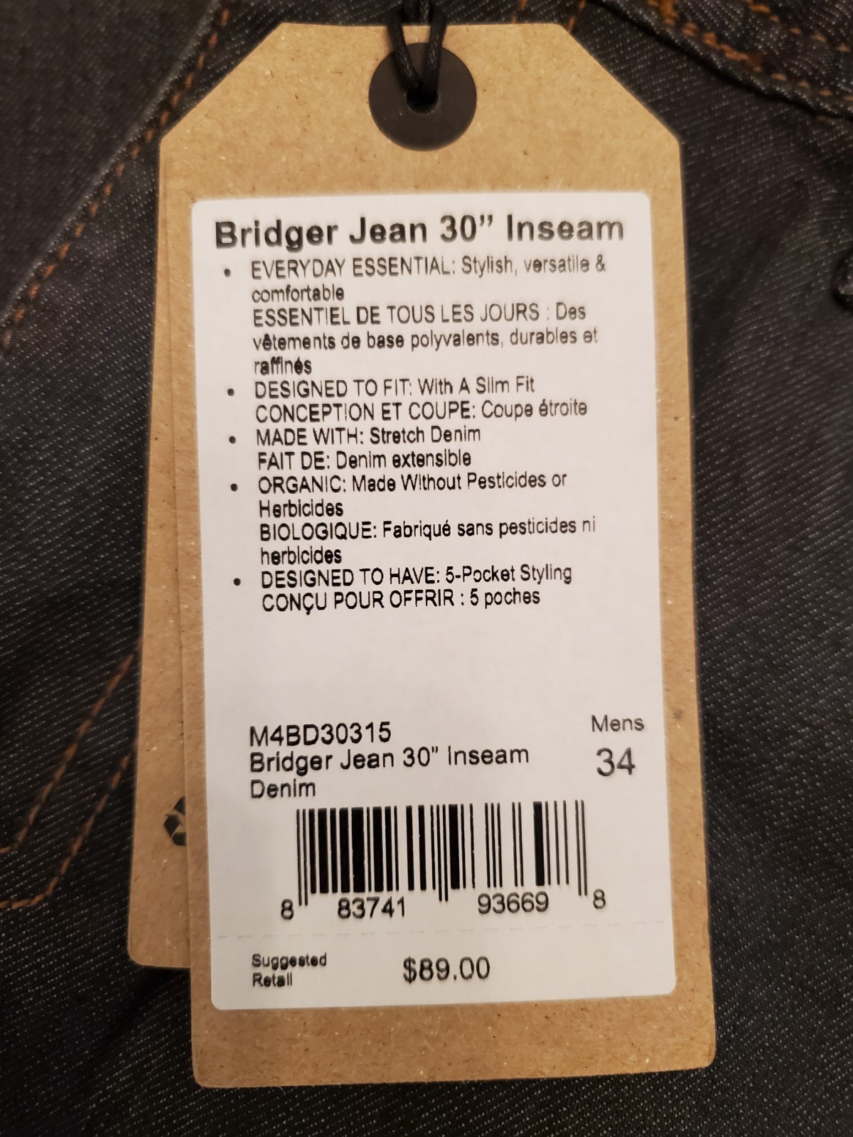 PrAna Mens Bridger Jean 34×30 Denim Slim Fit Strait Stretch Denim New