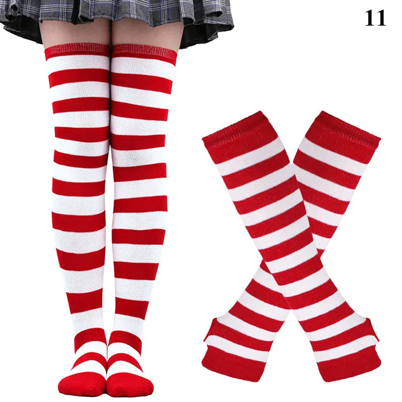 1 Set Women Girls Over Knee Long Stripe Printed Thigh High Cotton Socks Arm
