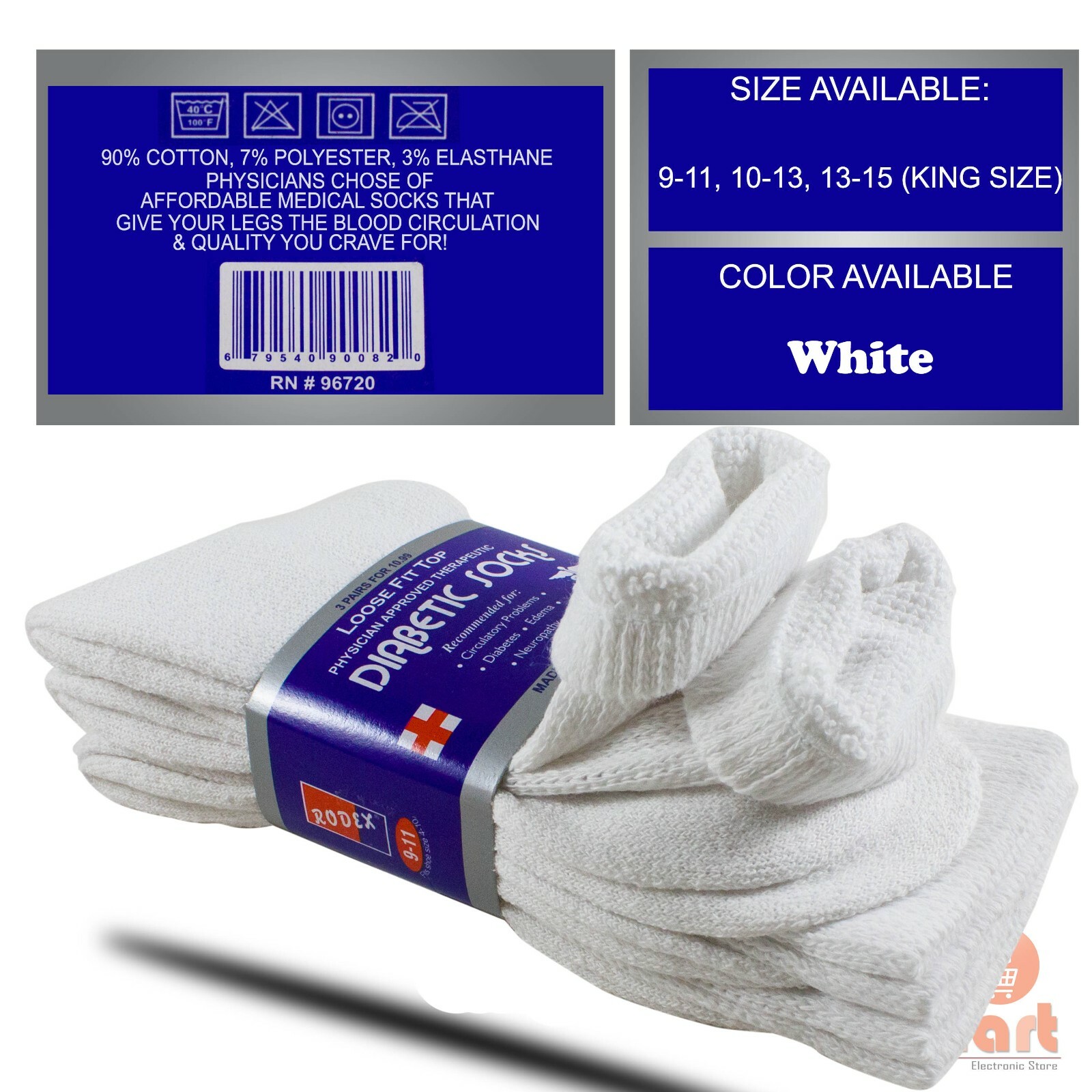 3-12 Pairs Health Circulatory Crew Cotton Diabetic Socks White 9-11 10-13 13-15