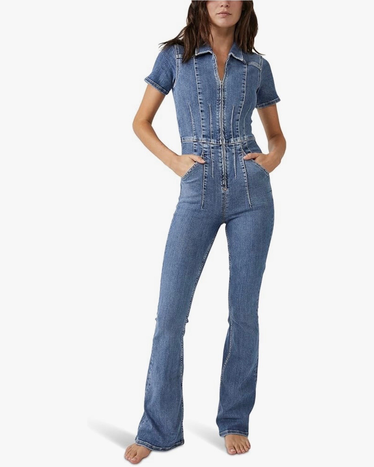 Free People Jayde Flare Denim Jumpsuit in Sunburst Blue Size S