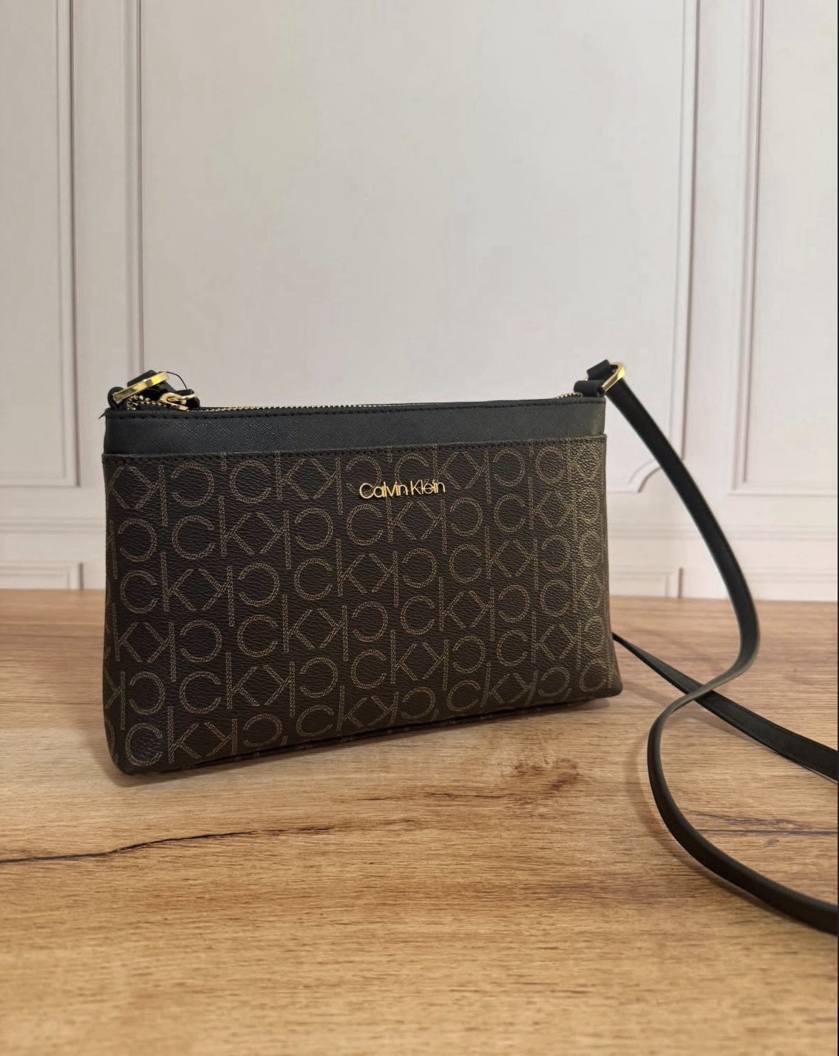 Calvin Klein Women’s CK Logo Print Crossbody Small Bag Brown Black Gold Hardware