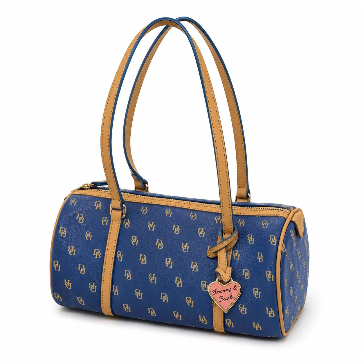Dooney & Bourke Signature Monogram Blue Barrel Shoulder Bag with Pink Heart Char