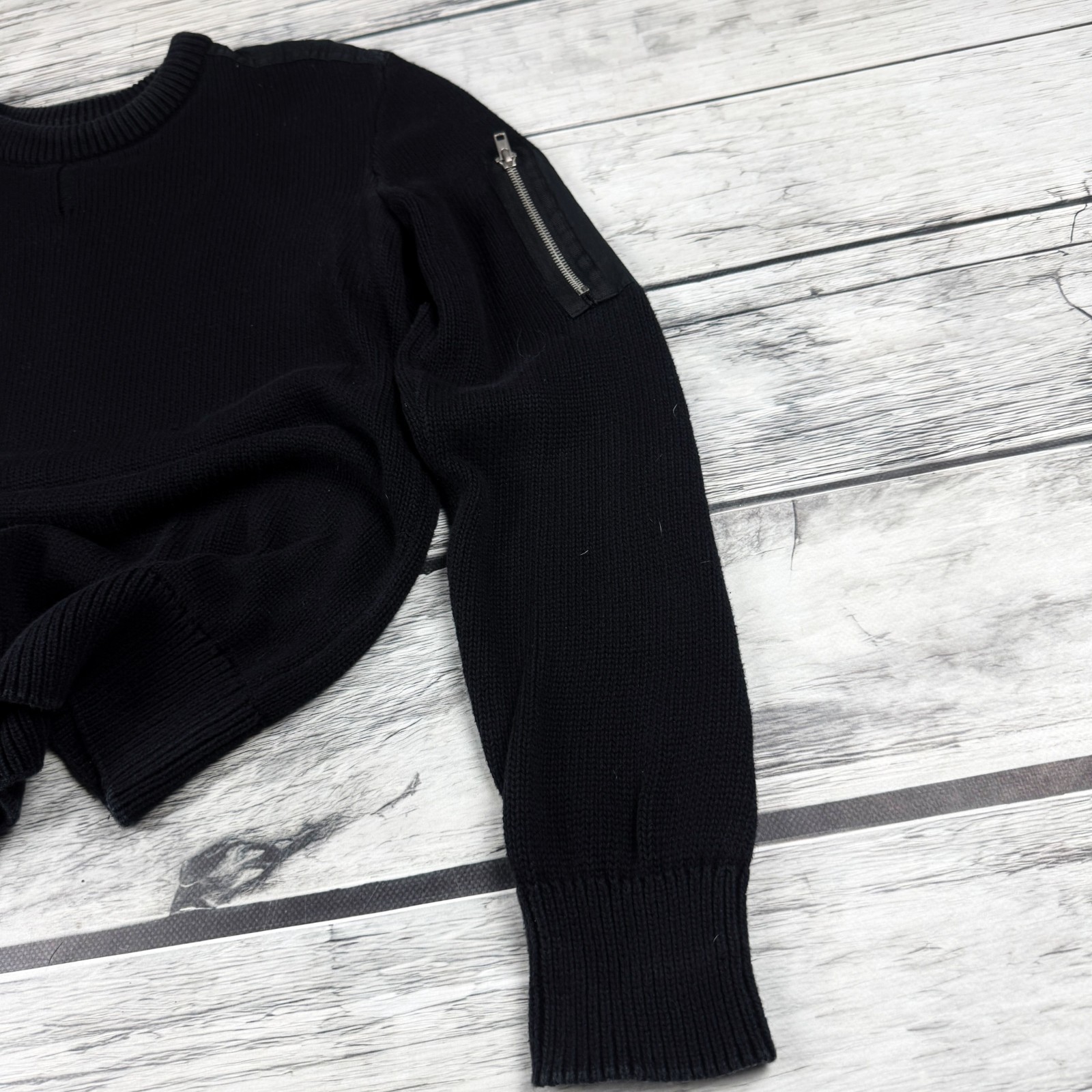 Mens Vintage Black Knit Sweater Zip Pocket Sleeve Minimalist Military Jumper