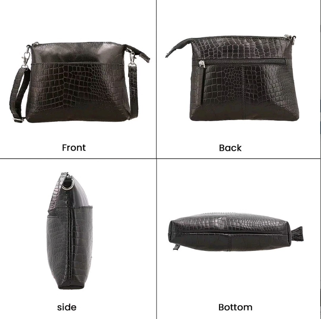 Black Crocodile Embossed Crossbody Pouch Zip Closure Detachable Strap Medium