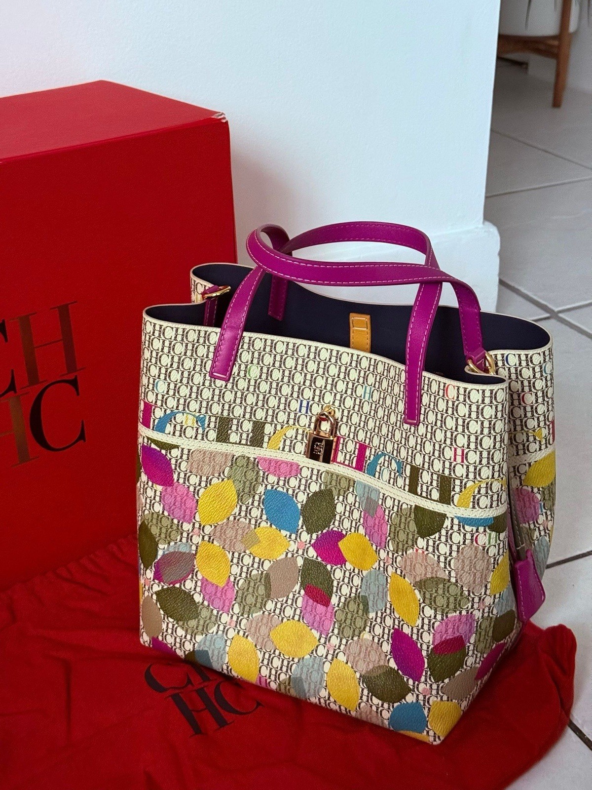 Carolina Herrera CH Monogram Multicolor Tote Purple Double Handles Padlock Key