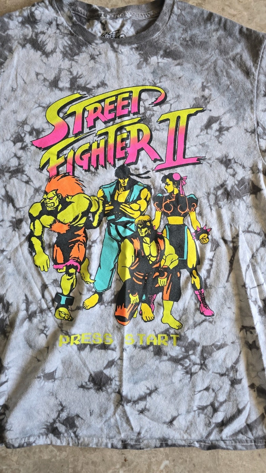RARE CAPCOM Street Fighter II Press Start 8-Bit Neon Tie-Dye Tee – Size M
