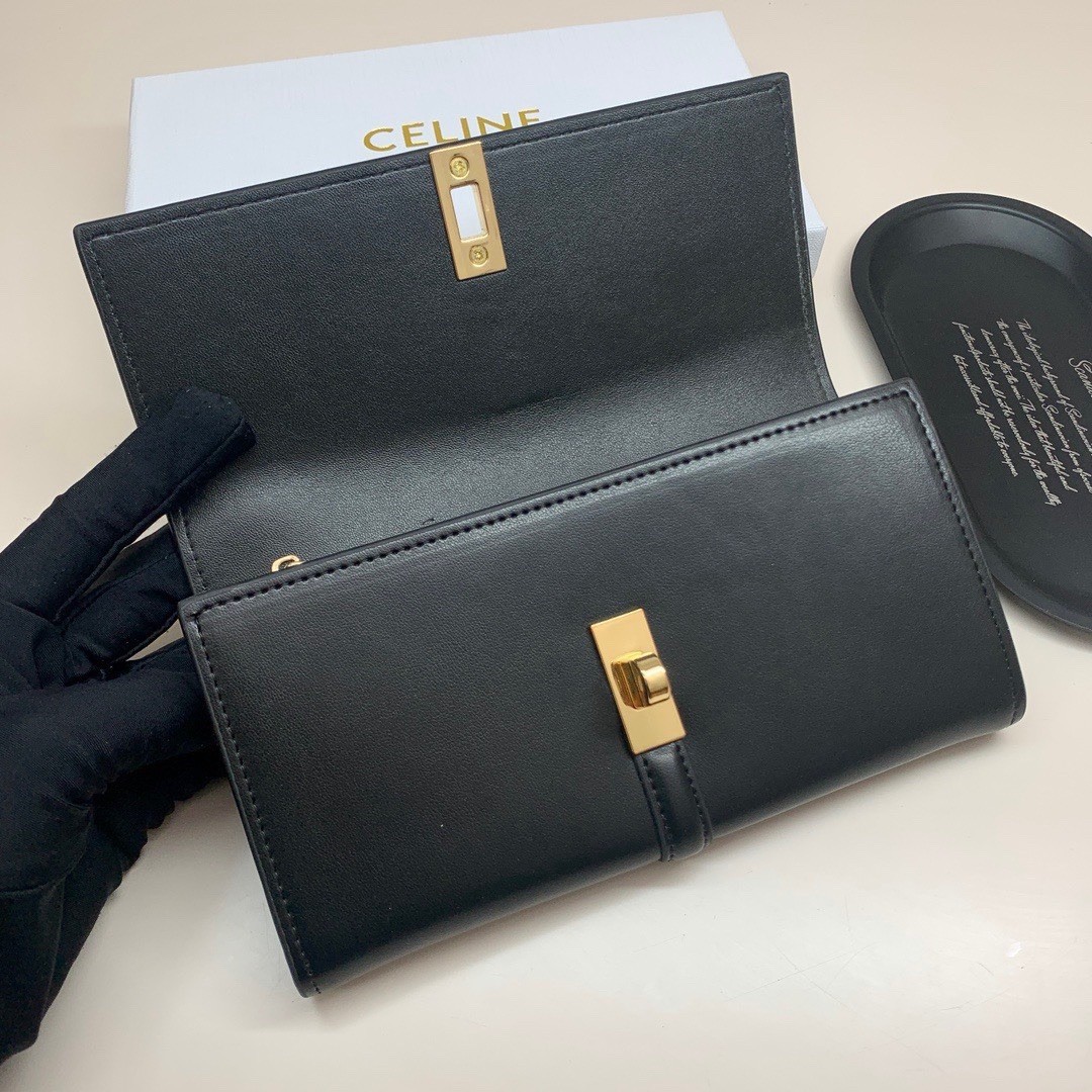 CELINE Black Solid Wallet Gold Logo Clasp Zipper Poker Credit Card Holder