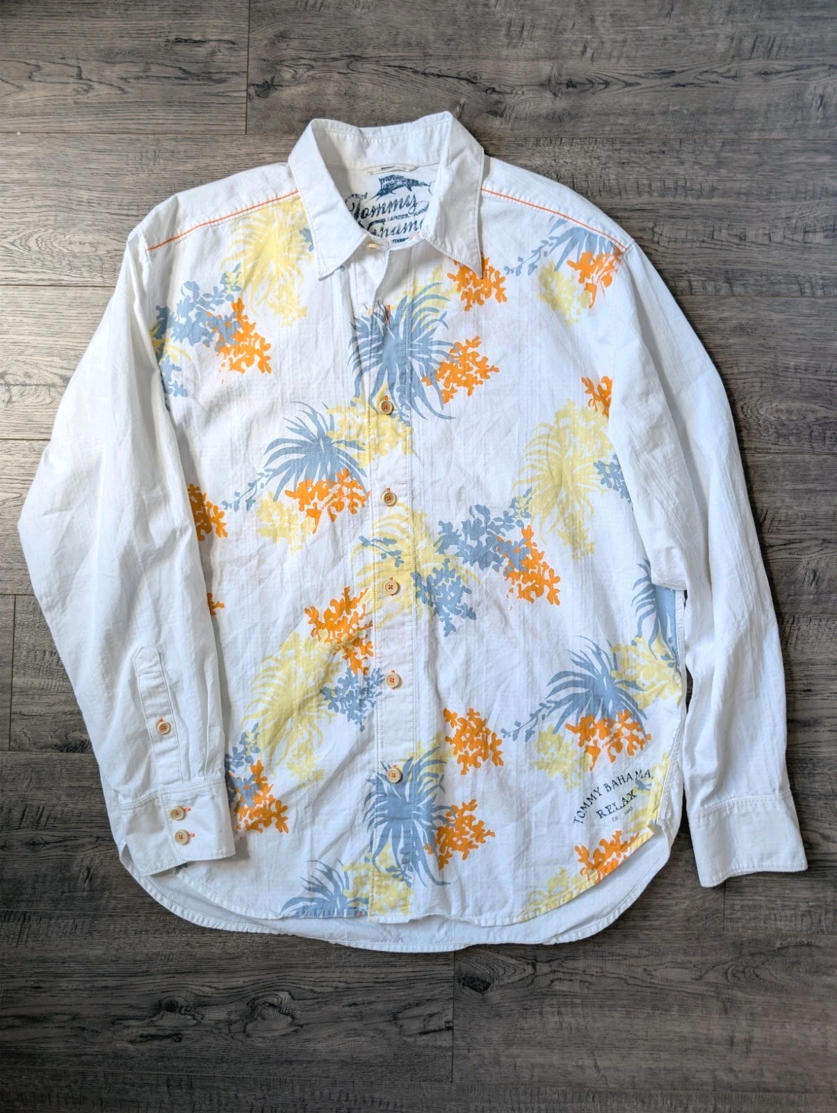 Tommy Bahama RELAX White Cotton Long Sleeve Floral Tropical Coast Print Shirt L