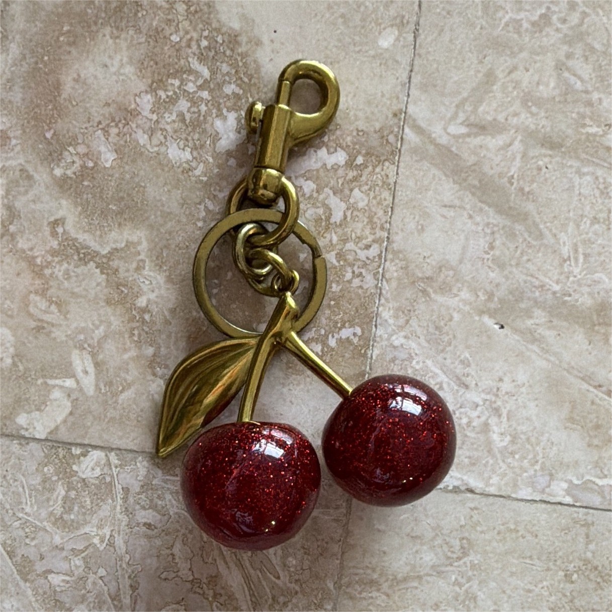 Cherry Charm Key Chain Gold Tone Metal Clip Lobster Clasp Red Women
