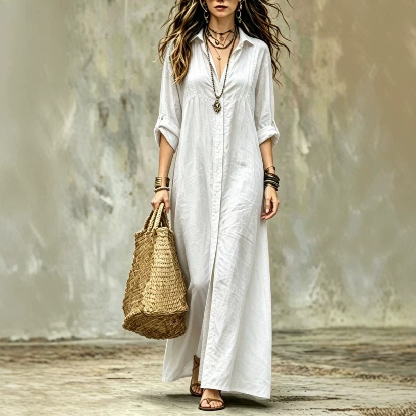 NEW Shirt-collar Floor-length Casual Simple Long Dress Sizes S-4XL