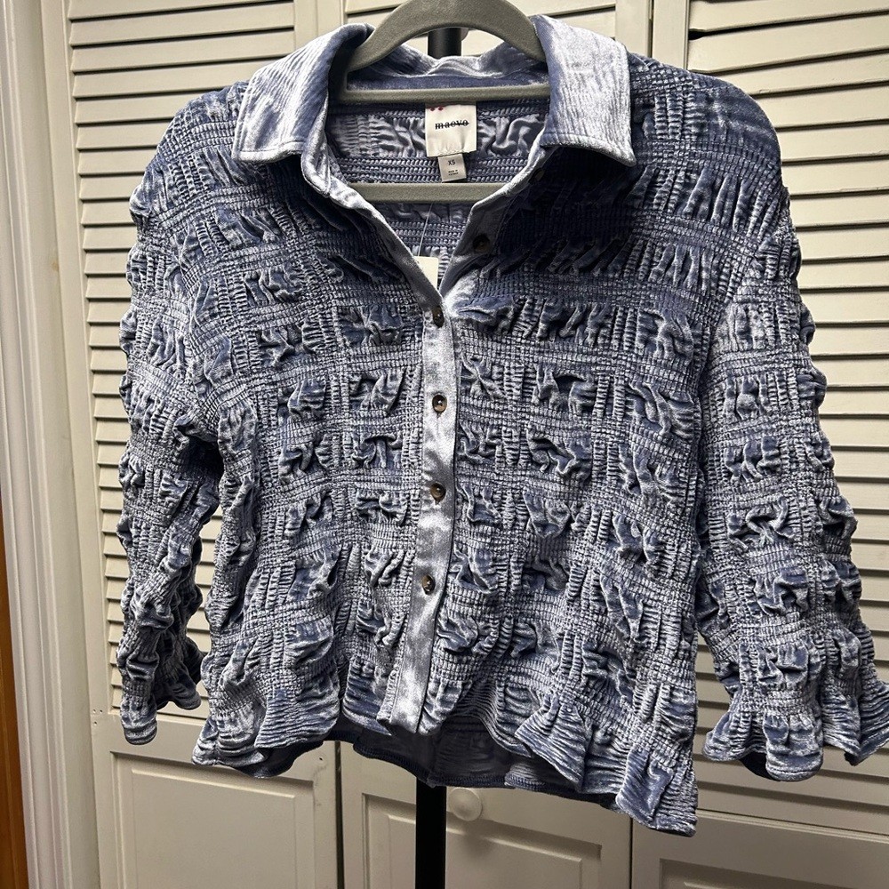 Maeve Anthropologie Blue Textured Shirred Velvet Buttondown Tee XS NWT