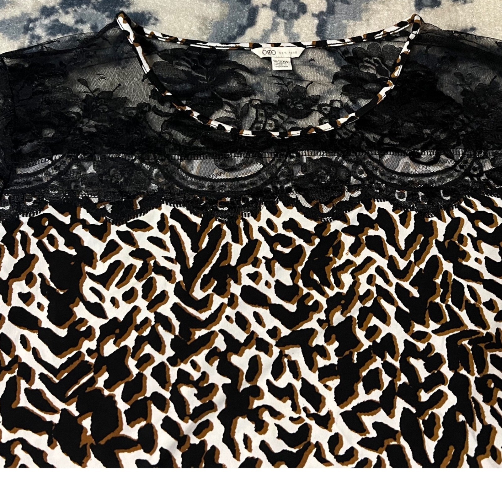 Cato Leopard Print Lace Yoke Side Tie Blouse Womens 18/20W Black Brown Knit Top