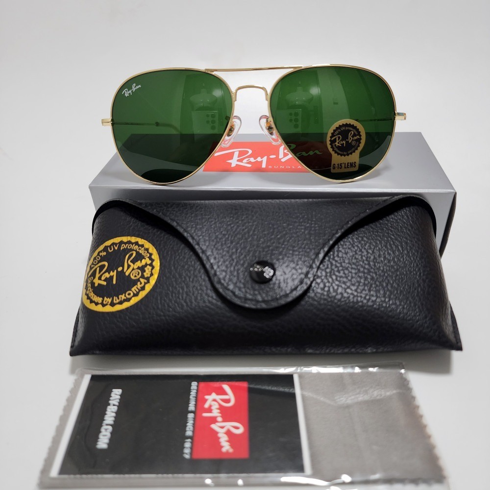 Ray-Ban RB3025 Aviator Sunglasses Gold Frame Green Glass Lens 58mm UV400
