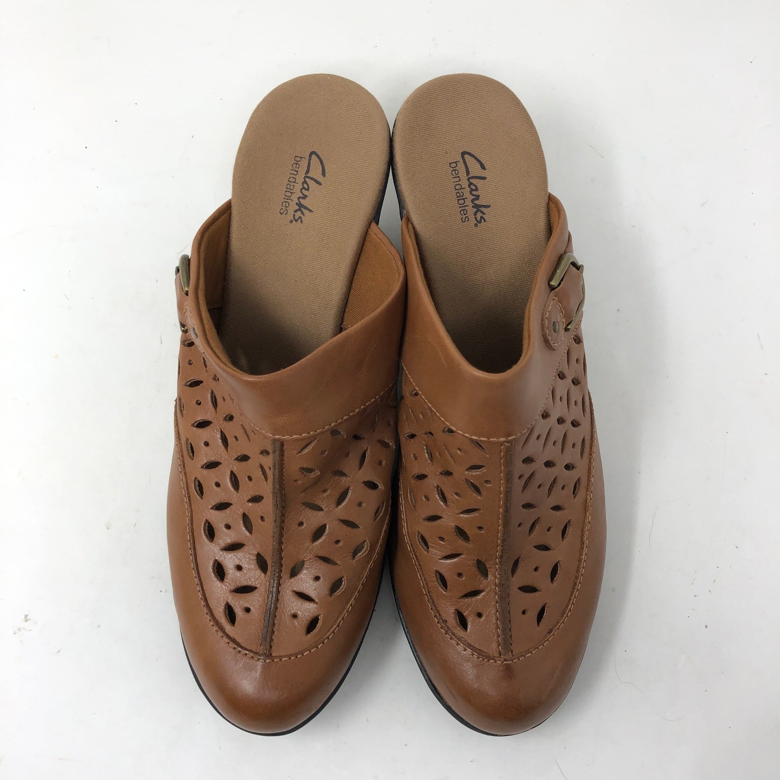Clarks Womens 9 Bendables Caraway Star Mules Tan Leather Laser Cut Block Heel