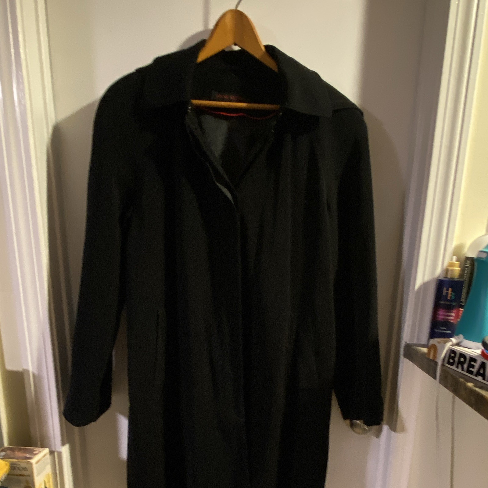 Anne Klein Women’s Black Long Overcoat Full Zip Button Lined Pockets Size 8