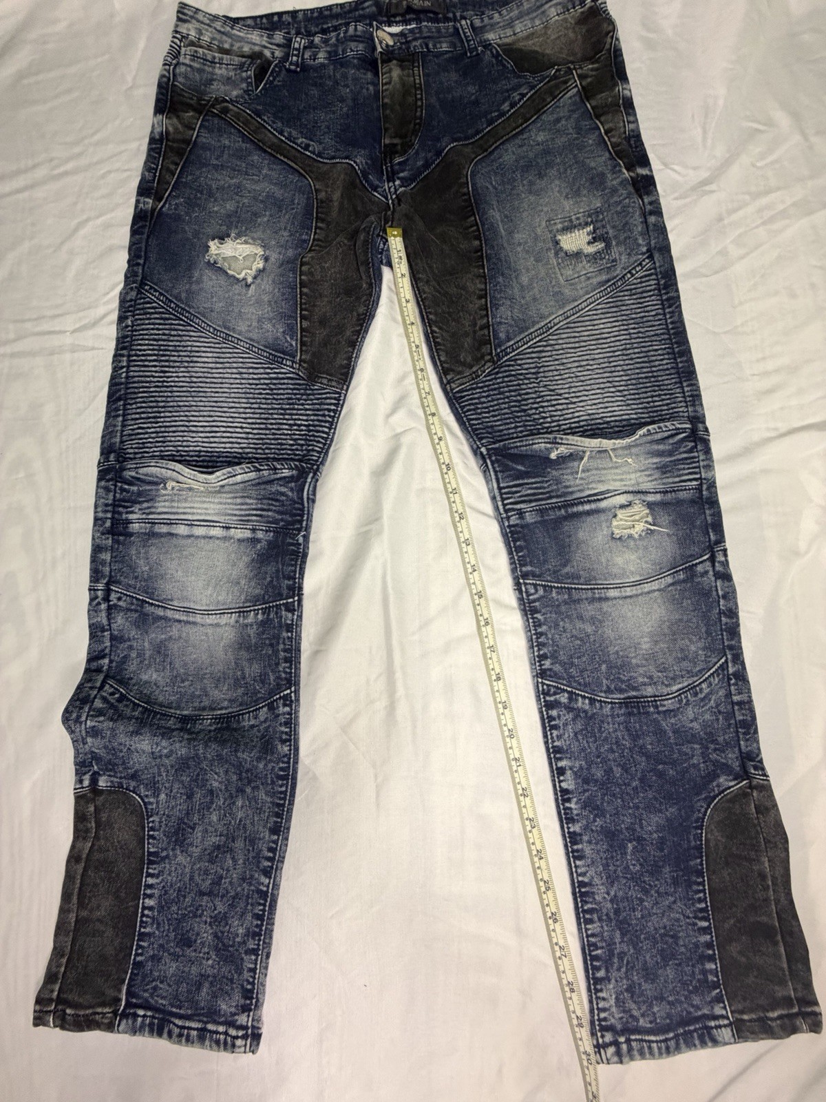 Balmain Paris Men’s Blue/Black Distressed Slim Tapered Biker Denim Jeans