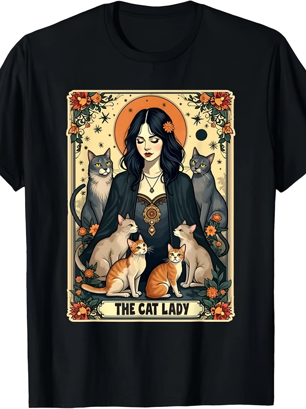 Cat Lady Tarot Card Graphic T-Shirt Gothic Witchy Cat Mom Mystic Aesthetic Tee