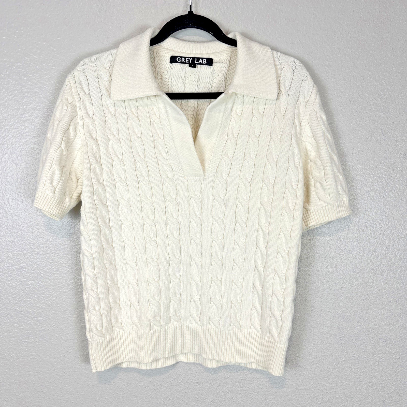 Grey Lab Cable Knit Polo Sweater Top Womens Small Ivory Preppy Cottagecore