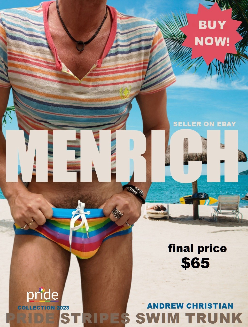 ANDREW CHRISTIAN PRIDE RAINBOW STRIPES SWIM TRUNK. XSMALL. NWOT RARE 🌈 GAY LGBT