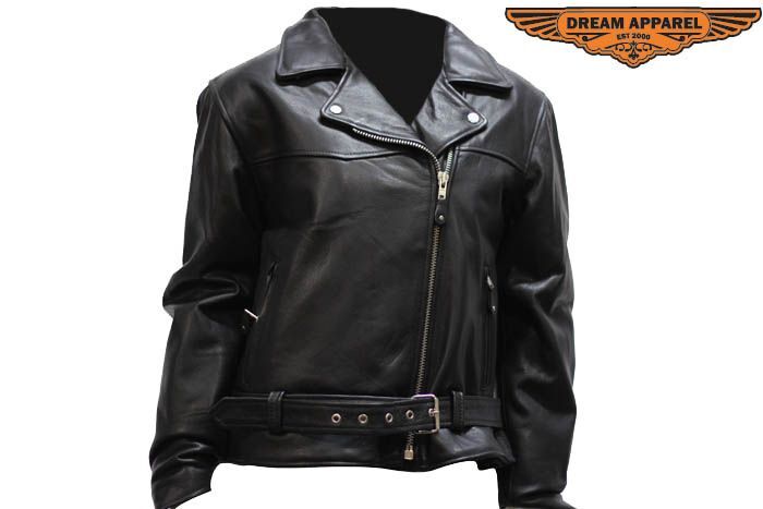 Premium Black Women Classic Fit Motorcycle Leather Soft Quilted Belted Jacket
