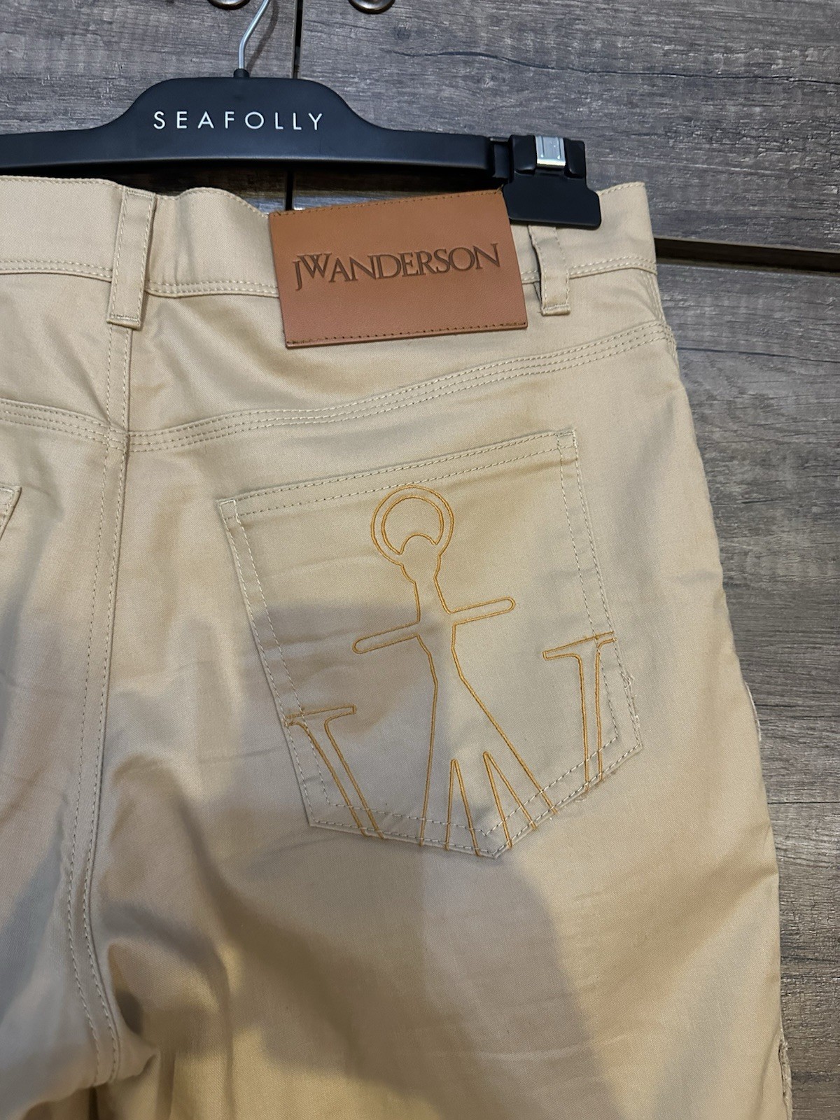 JW ANDERSON Size 38 Tan Cotton Tapered Flat Front Embroidered Pocket Pants