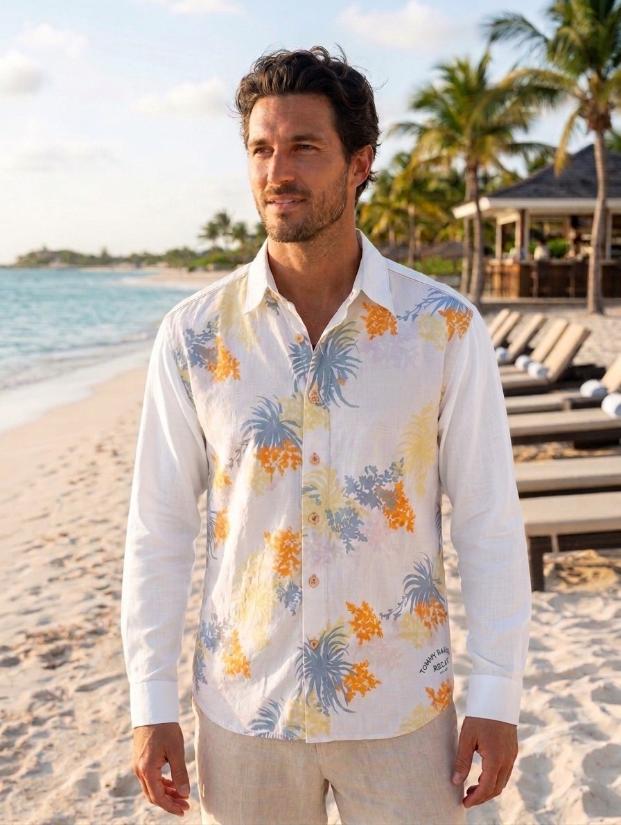 Tommy Bahama RELAX White Cotton Long Sleeve Floral Tropical Coast Print Shirt L