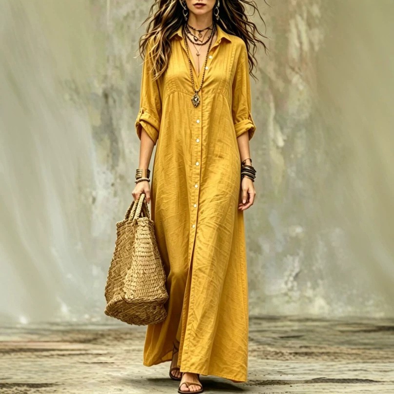 NEW Shirt-collar Floor-length Casual Simple Long Dress Sizes S-4XL