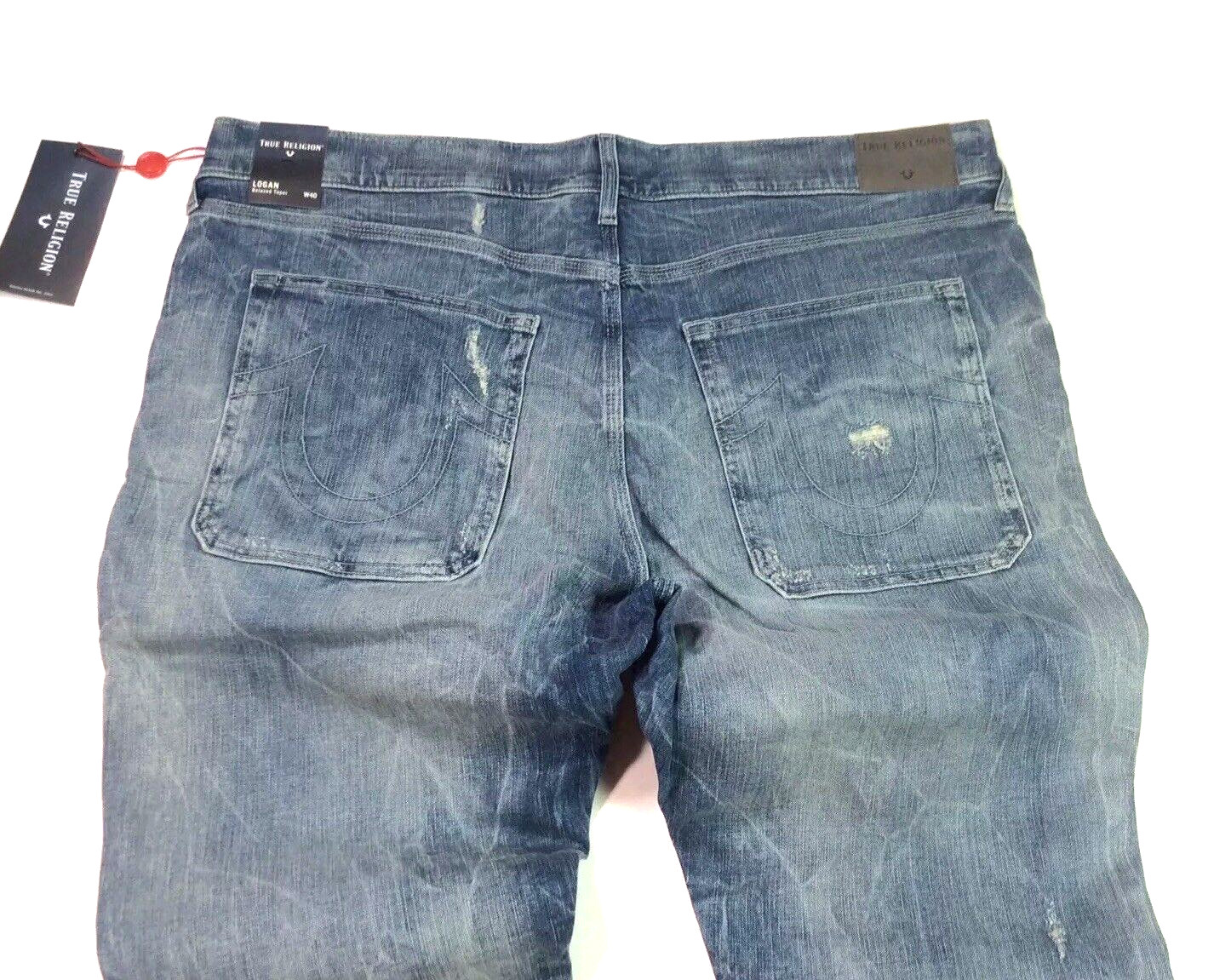 True Religion Zip Pockets Distressed Ripped Shredded Stitch Work Taper Jeans Men
