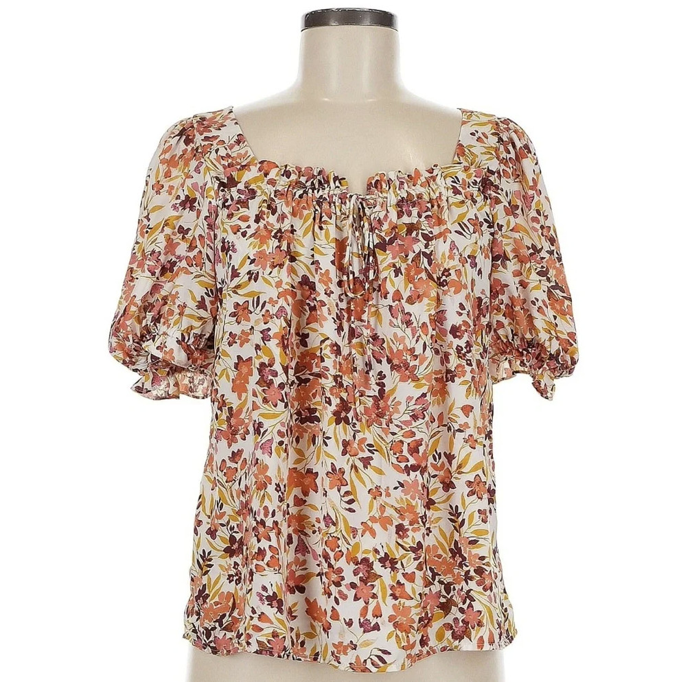CeCe Floral Puff Sleeve Blouse Square Neck Tie Front Top Autumn Size Medium