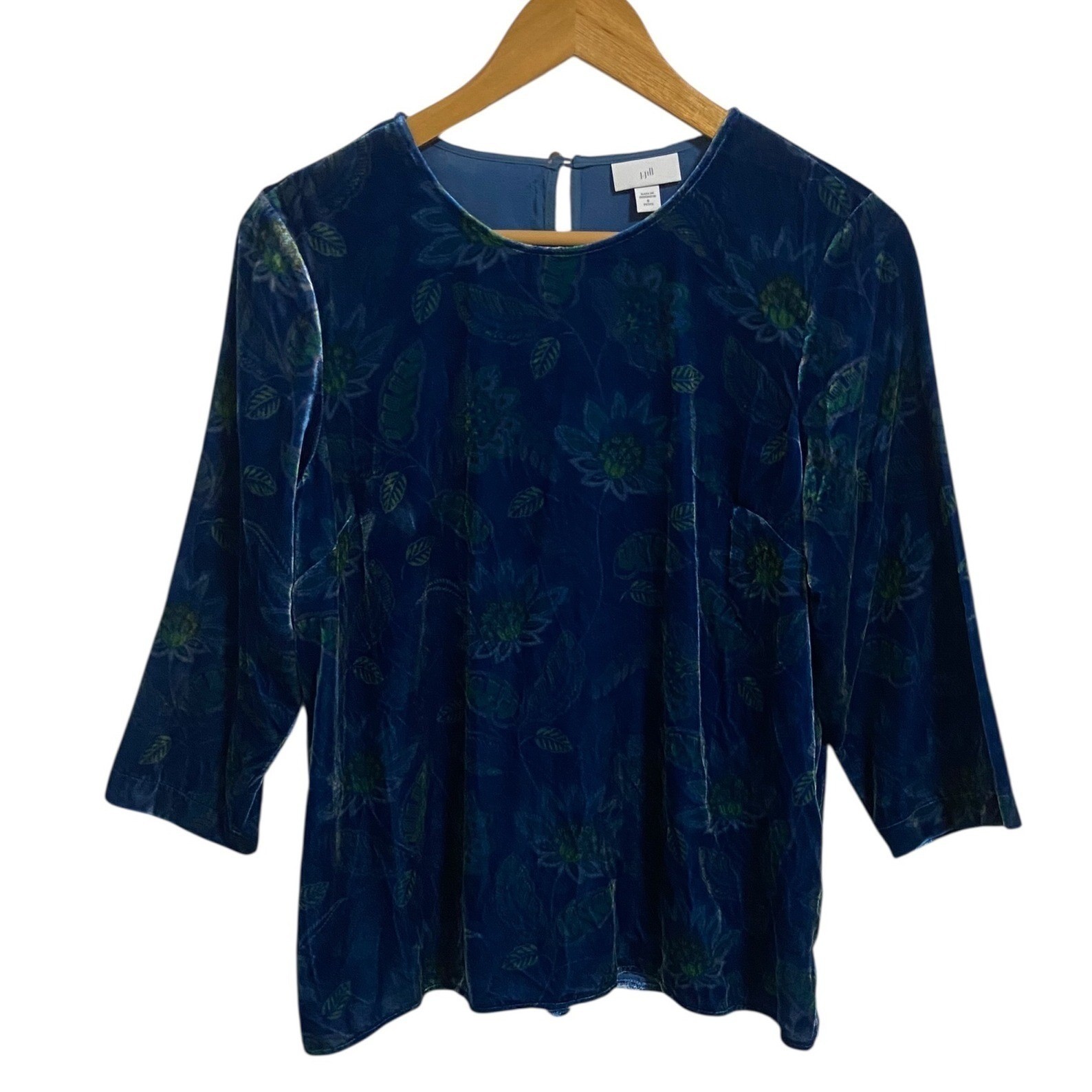 J. Jill Velvet Blouse Blue Floral Burnout 3/4 Sleeve Boho Elegant Romantic SP