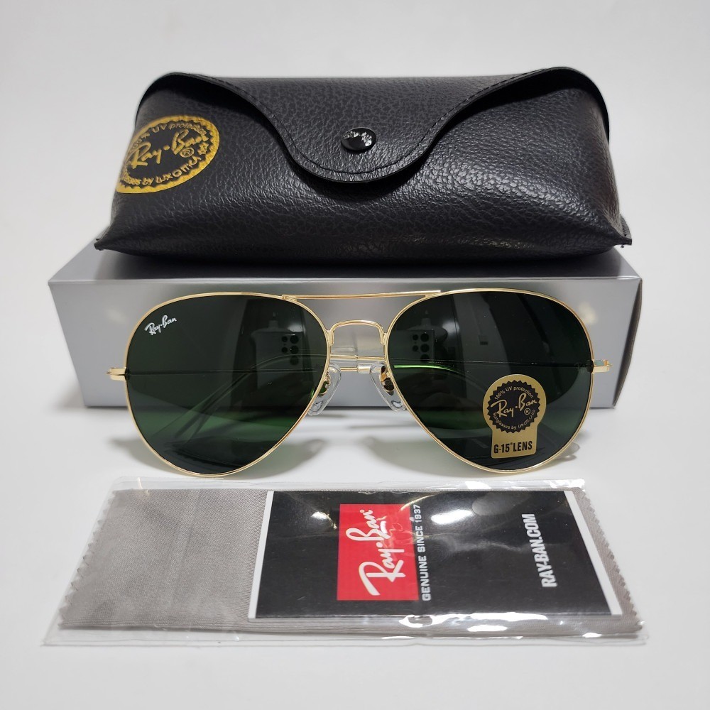 Ray-Ban RB3025 Aviator Sunglasses Gold Frame Green Glass Lens 58mm UV400