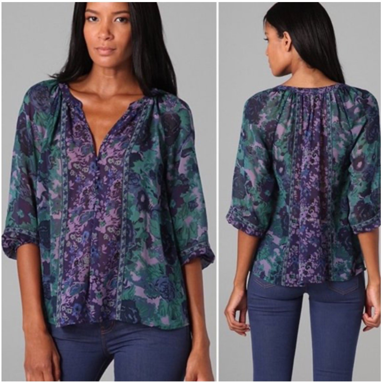 NWOT Joie Gloria Silk Sheer Blue Green Purple Floral Puff Sleeve Blouse Top XS